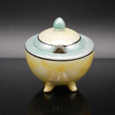 Yellow & Teal Iridescent Lusterware Footed Sugar Bowl