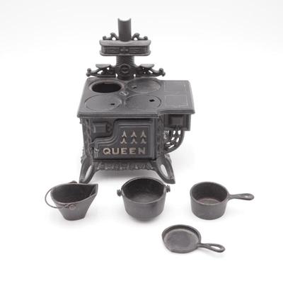 Vintage Miniature Queen Cast Iron Stove & Accessories