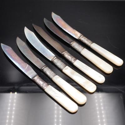 Set of 6 Antique Jennings Bros. Butter Knives with Abalone Handles