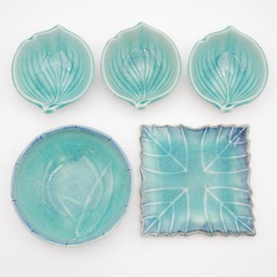 Lot Of 5 Kotobuki Style Teal Blue Glazed Leaf Pottery Dishes