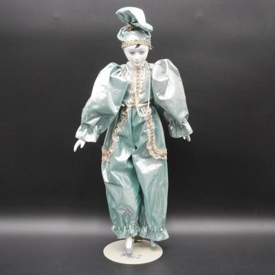 Vintage Large Harlequin Pierrot Clown Porcelain Doll w/ Stand