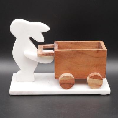 Handmade Decorative Marble Sculpture w/ Wooden Mine Cart