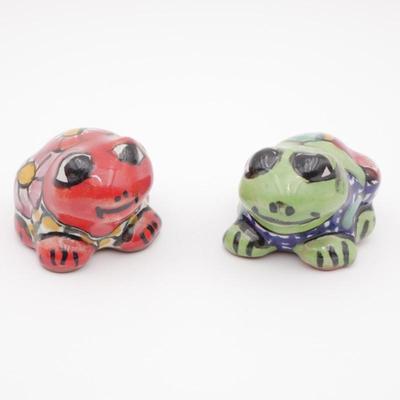 Pair Of Talavera Mexican Mini Hand Painted Pottery Frog Figurines