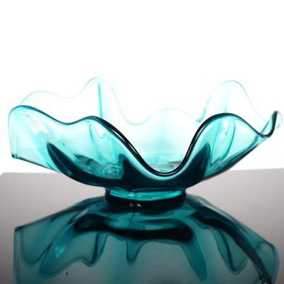 Aqua Blue Ruffled Glass Bowl