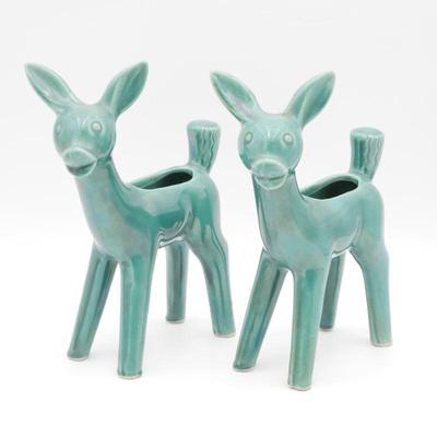 Pair of Mid-Century Modern Shawnee Pottery Turquise Deer Flower Planters