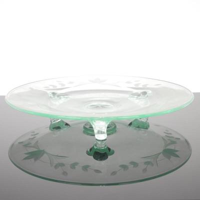Etched Footed Vaseline Glass Dish