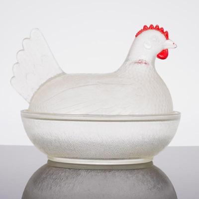 Vintage Indiana Clear Glass Chicken On Nest With Painted Red Comb Dish Bowl