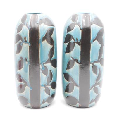 Pair of Blue and Black Leaf Motif Vases