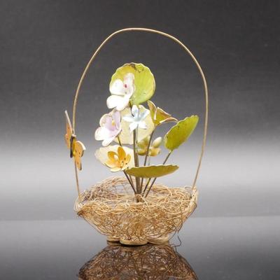 Handmade Copper Enamel Art Flowers & Butterfly In Wire Basket