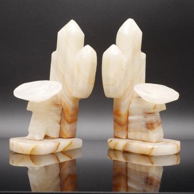 Pair Of Vintage Carved Onyx Mexican Man And Cactus Bookends