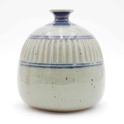 Signed Pottery Art Carved Glazed Spherical Shaped Vase