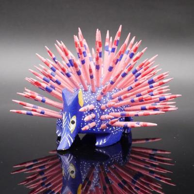Hand Painted Wooden Blue Alebrije Porcupine Figurine