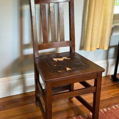 Sturdy Antique Wood Chair With Leather Seat

