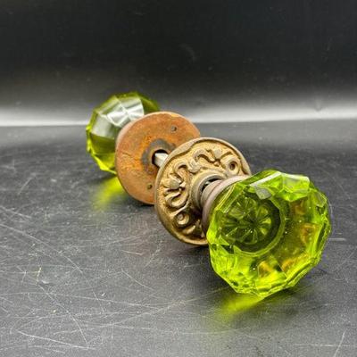 Stunning Antique Green Glass Door Knob Assembly
