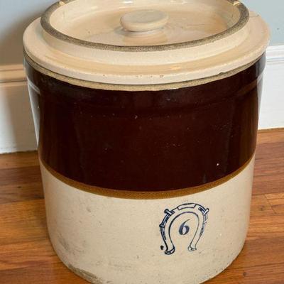 6 Gallon Pickling Crock with Cracked Lid, Bown band Glaze
