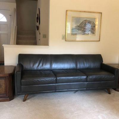 Leather Contemporary Style Sofa (Navy color). Two End Tables.