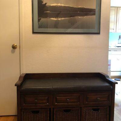 Entry Way Bench with Leather Cushions and Wicker Storage Baskets, Framed Art