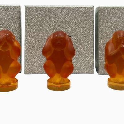 LALIQUE Three Wise Monkeys Crystal Figurine Set