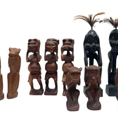 Collection Carved Wood, Tribal Three Wise Monkey Figurines