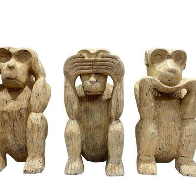 Three Carved Wood Three Wise Monkey Sculptures