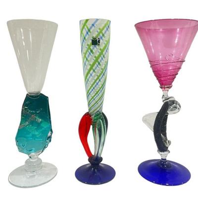 Three Post Modern Art Glass Champagne Flutes, Goblets, CARLO MORETTI