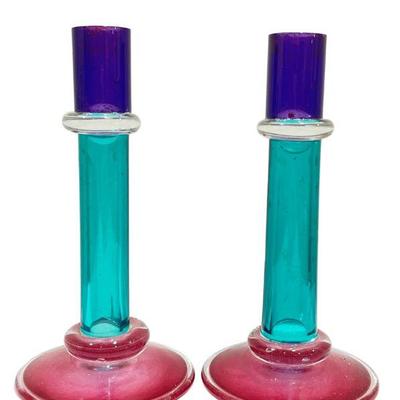 CHATHAM GLASS CO. Multicolor Art Glass Candlesticks