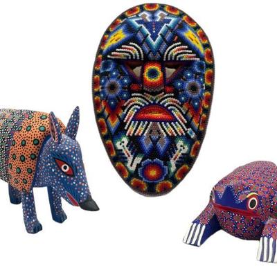 Mexican Huichol Beaded Mask and Painted Folk Art Animals