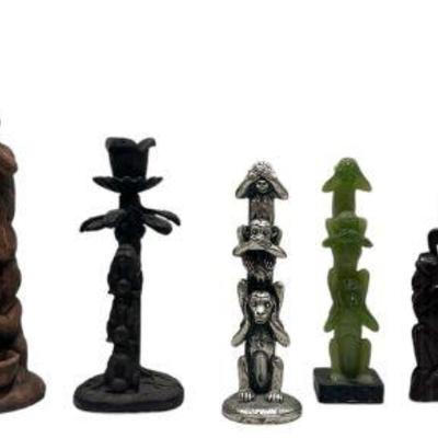 Collection Carved Wood, Pewter & Some Sterling Silver Totem Pole Three Wise Monkey