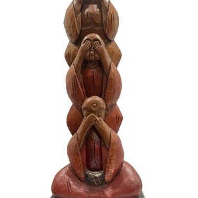 Carved Wood Three Wise Monkey Totem Pole