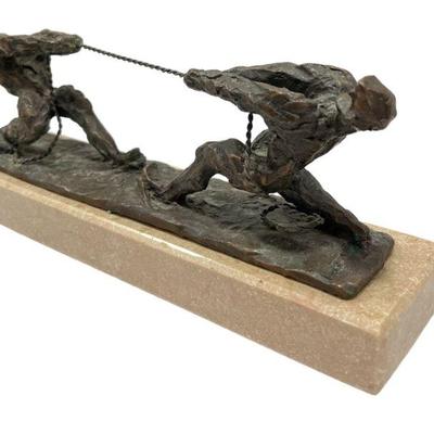 Vintage Bronze Tug of War Sculpture on Marble Base