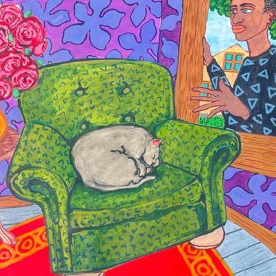 JACKIE RITKE Man and Cat Watercolor on Canvas
