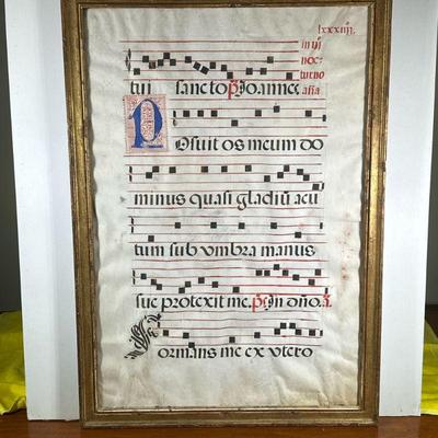 ANTIQUE FRAMED GREGORIAN CHANT | Large antique Gregorian Latin chant in frame. - l. 31.5 x w. 22 in


