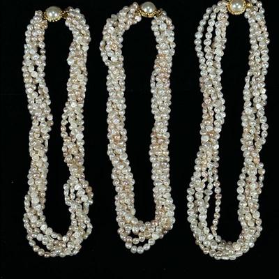 (3pc) TWISTED PEARL NECKLACES | Designed as 3 5-strand twisted 7mm pearl necklaces with gold-toned clasps from Winterthur. - l. 17 in

