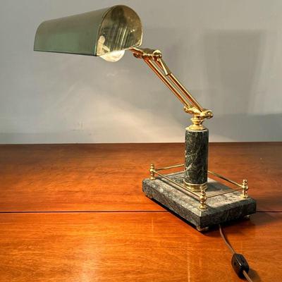 MARBLE & BRASS DESK LAMP | Adjustable brass desk lamp with marble base and column. - l. 8 x w. 5 x h. 18 in

