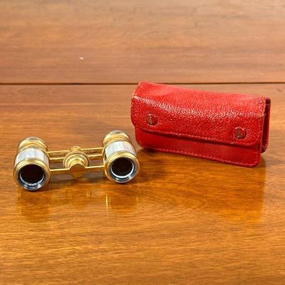ALTEX PARIS OPERA GLASSES | Brass Altex Paris opera glasses with Pearl inlay and red leather case. - l. 4 x w. 1 x h. 2 in

