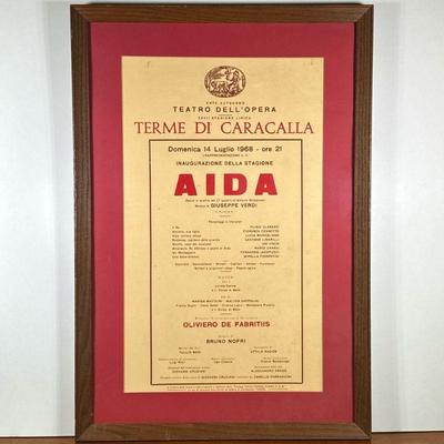VINTAGE FRAMED OPERA POSTER | Poster from Teatro Dell’Opera opening night of Aida by Giuseppe Verdi, 21 x 12.5 in. Sight - l. 27 x w....