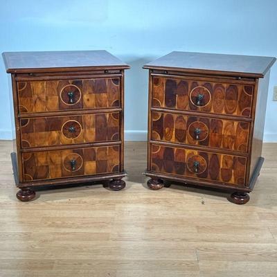 (2pc) PAIR WOOD MID CENTURY PARQUETRY NIGHTSTANDS | Pair of wood inlay side tables each having 3 drawers; inlayed with an unusual...