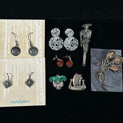 (8pc) STERLING SILVER EARRINGS & BROOCHES | Including: sterling silver earrings with mounted pearl (2.5g), flower form sterling...