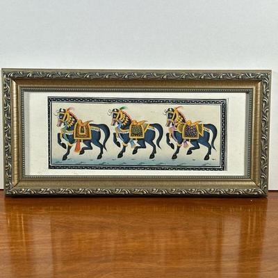 MUGHAL STYLE SILK PAINTING | Caravan. Paint on silk. 4.5 x 11 in. sight. - l. 16 x w. 8 in (frame)


