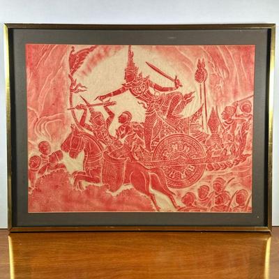 THAI TEMPLE RUBBING | Depicting ware scene in red ink, 17 x 23 in. Sight. - l. 27 x w. 21 in (frame)


