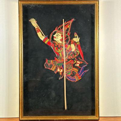 CUT LEATHER SHADOW PUPPET | Painted leather cut shadow puppet figurine mounted on stick and framed in shadow box. - l. 24 x w. 16 in

