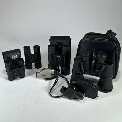 (6pc) LOT OF BINOCULARS | Including: Simmons Redline coated 10x50 Model: 1107, Inner Circle 10x32 binoculars, 8x21 binoculars, Hemiscope...