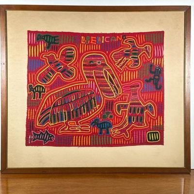 FRAMED MOLA TEXTILE ART | Depicting pelicans and other animals, 15.5 x 18.5 in sight. - l. 25.5 x w. 22.5 in (frame) Item Code: 3


