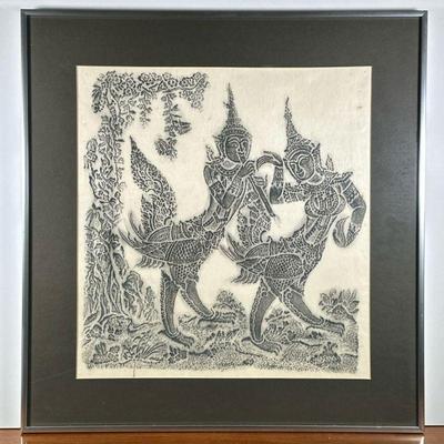 THAI TEMPLE RUBBING | Showing 2 figures playing music and dancing, 18 x 17 in. sight. - l. 24 x w. 23 in (frame)

