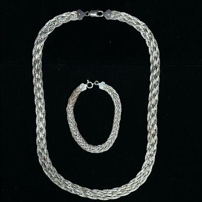 (2pc) STERLING BRAIDED NECKLACE & BRACELET | Designed as a sterling silver braided link necklace (24.4g) and similar sterling silver...