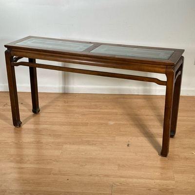 CHINESE ALTER TABLE | Having inlaid glass top and carved sides. - l. 52 x w. 14 x h. 28 in

