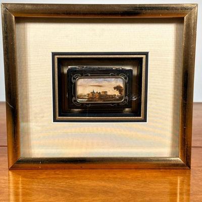 Miniature Antique Painted Book | Small book with hand-painted cover showing a riverside castle scene, in a shadow box frame; book 2.5 x...