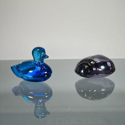 (2pc) Baccarat Paperweights | Two small color glass paperweights by Baccarat, including a blue glass duck and a purple ladybug, each with...