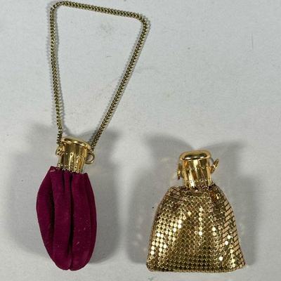 (2pc) ANTIQUE STYLE COIN PURSES | 2 antique style coin purses with engraved flip top and expanding collar, one having linked gold tone...