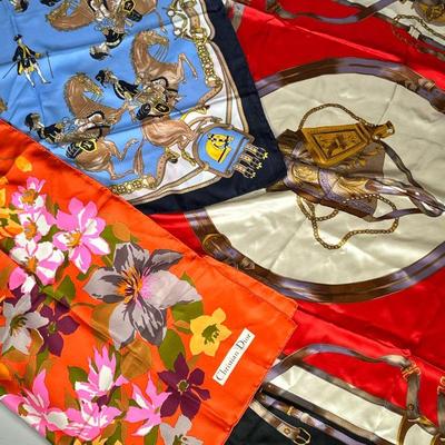 (3pc) CHRISTIAN DIOR & HERMES STYLE SILK SCARVES | Including: flower Christian Dior silk scarf, and 2 equestrian themed Hermes style...